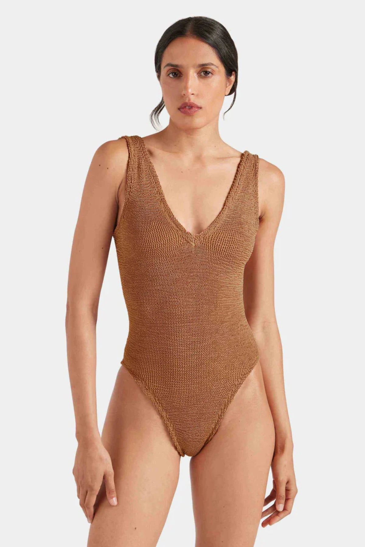 Sadie Swim in Metallic Cocoa by Hunza G, shimmering deep V swimsuit with sculpting stretch for confident summer style.