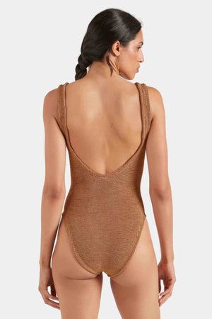 Sadie Swim in Metallic Cocoa by Hunza G, shimmering deep V swimsuit with sculpting stretch for confident summer style.
