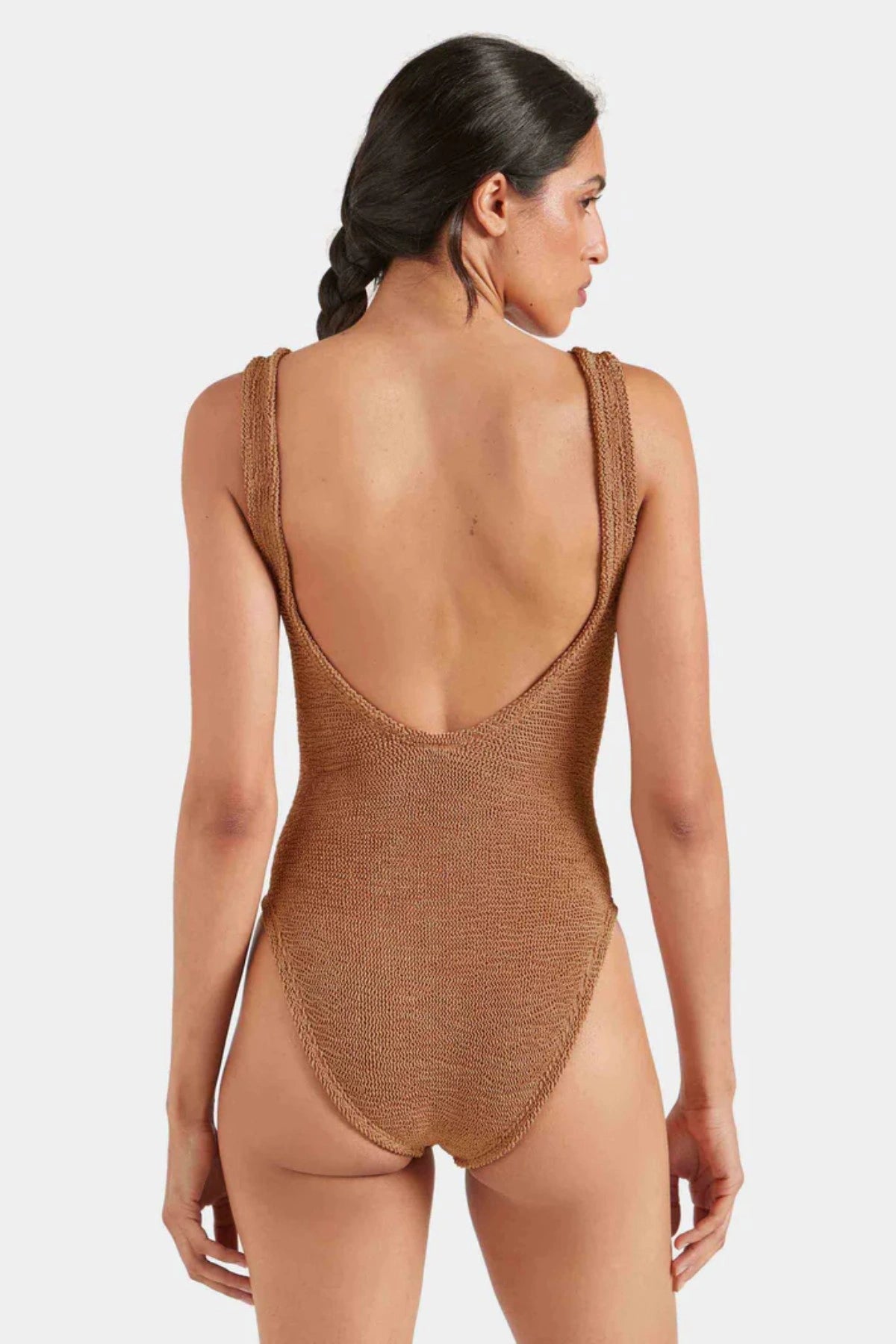 Sadie Swim in Metallic Cocoa by Hunza G, shimmering deep V swimsuit with sculpting stretch for confident summer style.