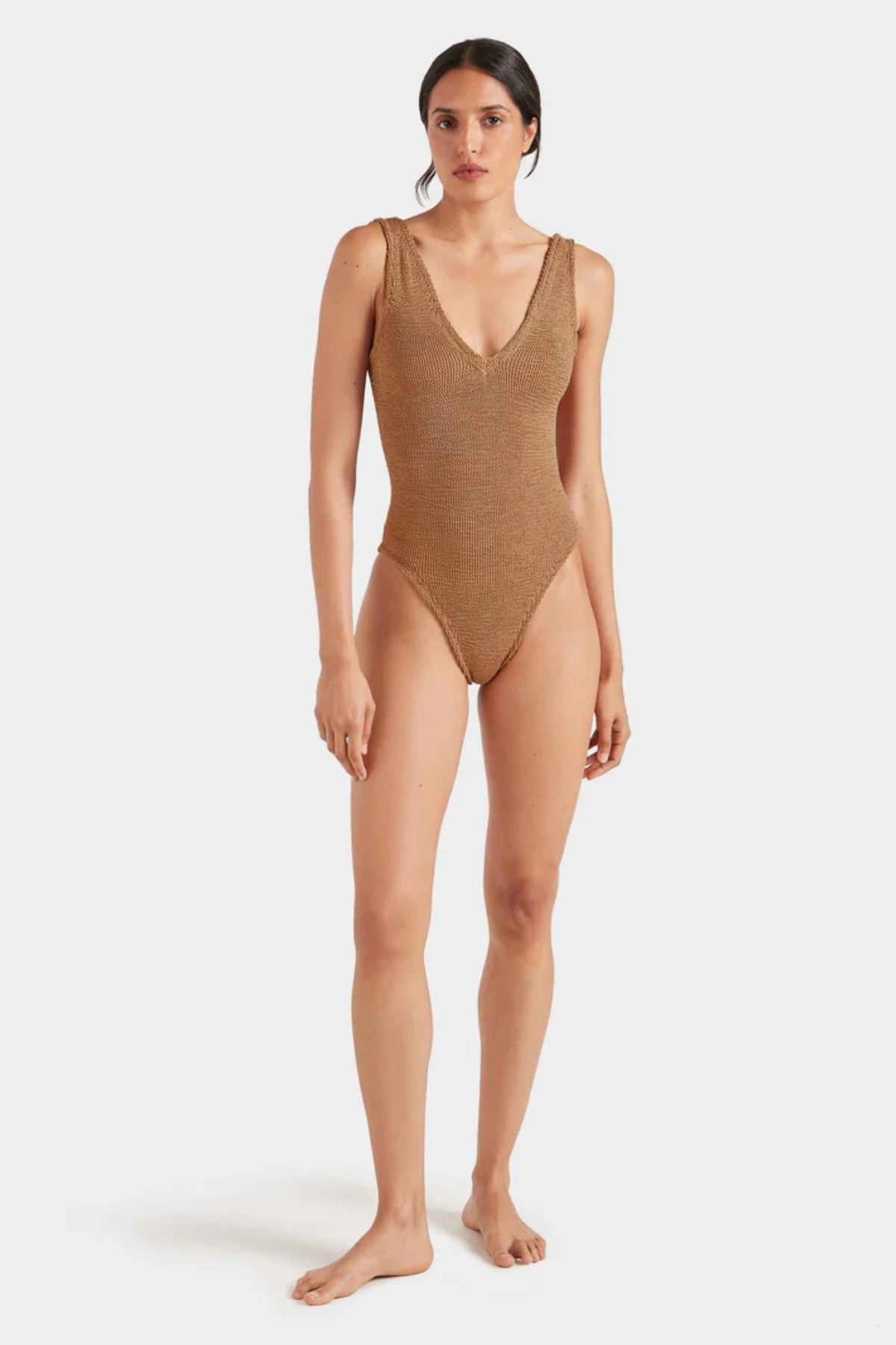 Sadie Swim in Metallic Cocoa by Hunza G, shimmering deep V swimsuit with sculpting stretch for confident summer style.