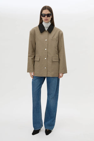 Sage Check Jacket Walnut Check by Camilla and Marc - check jacket with contrast collar and patch pockets, designed for a modern tailored look.