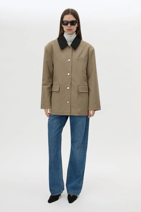 Sage Check Jacket Walnut Check by Camilla and Marc - check jacket with contrast collar and patch pockets, designed for a modern tailored look.