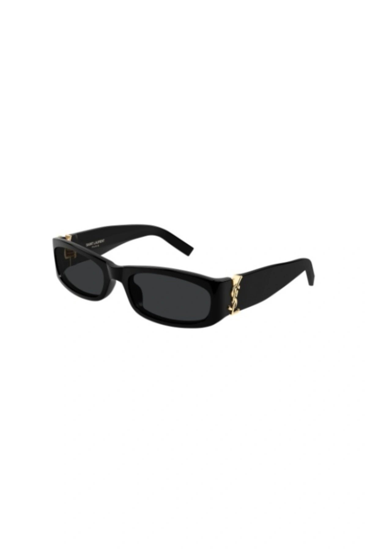 Saint Laurent SLM152 black wrap sunglasses with matching black lenses and bold monogram hinge detail.
