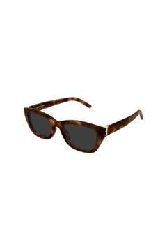 Saint Laurent SLM153F sunglasses in havana acetate with grey cat-eye lenses and signature monogram hinge detailing.
