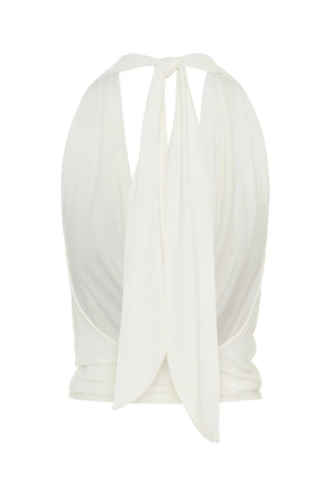 Saint Plunge Top Ivory by Sneaky Link – a silky fitted top with deep neckline and stretch feel. Perfect for elevated night styling.