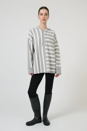 Salome Hooded Sweater Grey Marle Off White by Onte - oversized knit hoodie with stripe design and soft feel, perfect for cozy everyday styling.