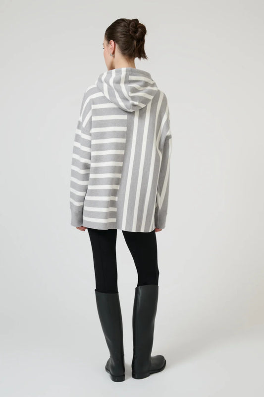 Salome Hooded Sweater Grey Marle Off White by Onte - oversized knit hoodie with stripe design and soft feel, perfect for cozy everyday styling.