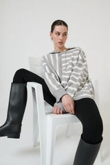 Salome Hooded Sweater Grey Marle Off White by Onte - oversized knit hoodie with stripe design and soft feel, perfect for cozy everyday styling.
