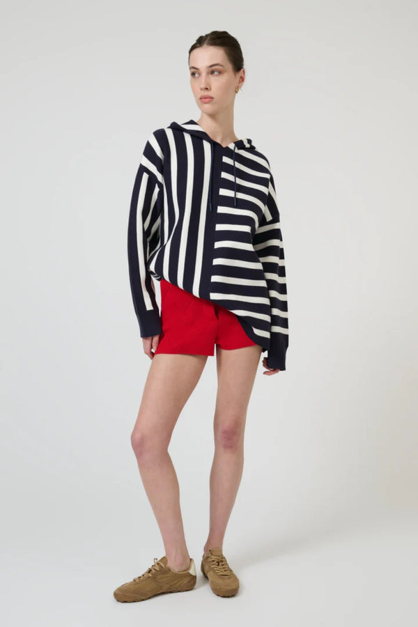 Salome Sweater in Navy Stripe by Onte, oversized souffle knit hoodie with directional stripe motif and drawstring detail.
