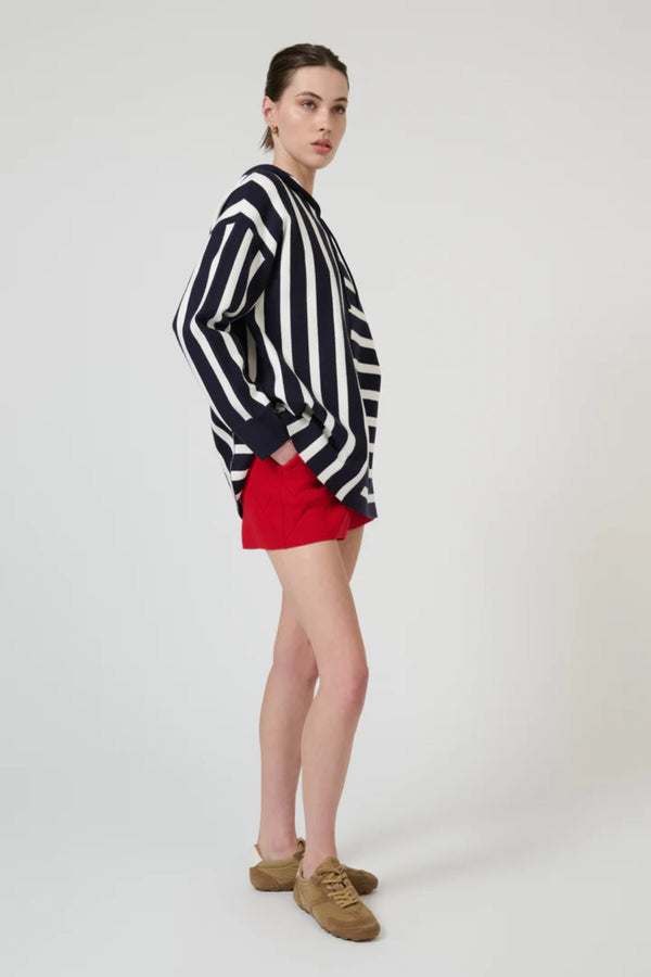 Salome Sweater in Navy Stripe by Onte, oversized souffle knit hoodie with directional stripe motif and drawstring detail.