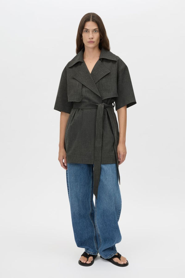 Sander Dress in Ink Marle by Camilla and Marc, a trench-style mini dress with belt, storm flaps, and structured tailoring.