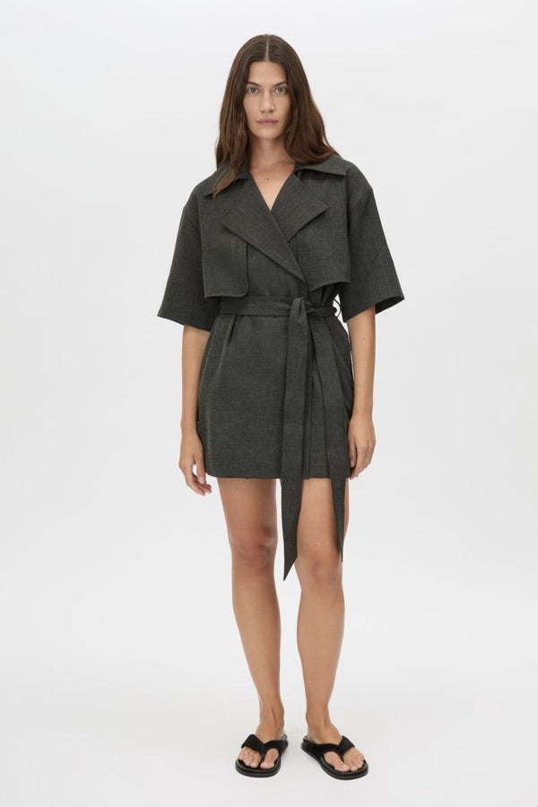 Sander Dress in Ink Marle by Camilla and Marc, a trench-style mini dress with belt, storm flaps, and structured tailoring.