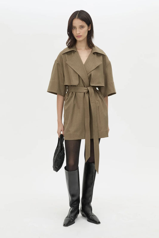 Sander Dress in Sable Marle by Camilla and Marc, a trench-style mini dress with belt, storm flaps, and structured tailoring.