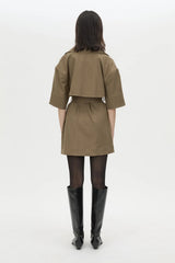 Sander Dress in Sable Marle by Camilla and Marc, a trench-style mini dress with belt, storm flaps, and structured tailoring.