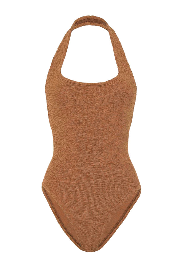 Sandy Swim Metallic by Hunza G – a halter one piece with crinkle fabric and stretch fit. Perfect for summer styling.