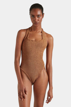 Sandy Swim Metallic by Hunza G – a halter one piece with crinkle fabric and stretch fit. Perfect for summer styling.