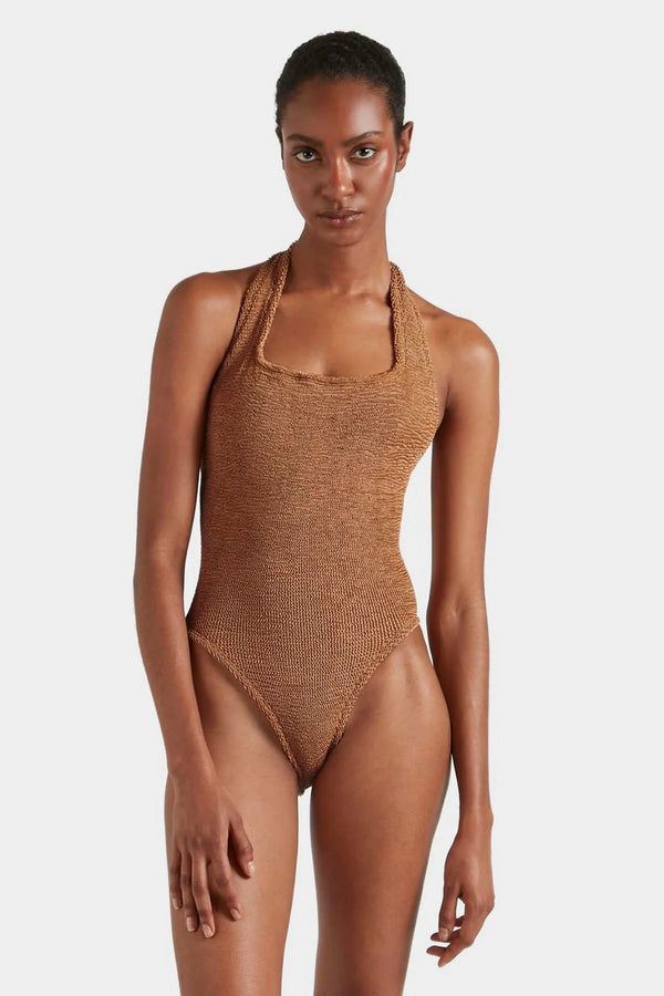 Sandy Swim Metallic by Hunza G – a halter one piece with crinkle fabric and stretch fit. Perfect for summer styling.