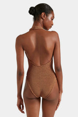 Sandy Swim Metallic by Hunza G – a halter one piece with crinkle fabric and stretch fit. Perfect for summer styling.