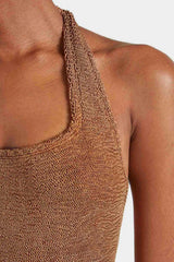 Sandy Swim Metallic by Hunza G – a halter one piece with crinkle fabric and stretch fit. Perfect for summer styling.