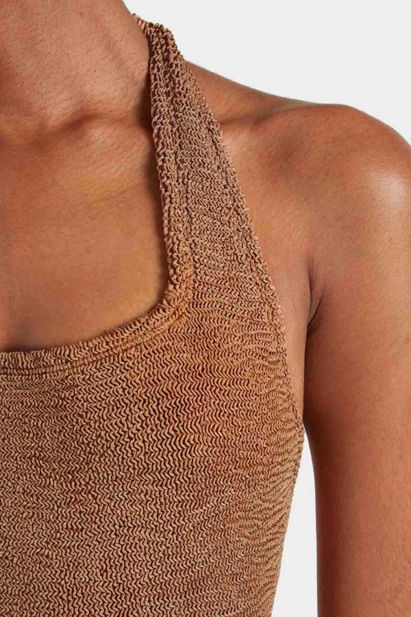 Sandy Swim Metallic by Hunza G – a halter one piece with crinkle fabric and stretch fit. Perfect for summer styling.