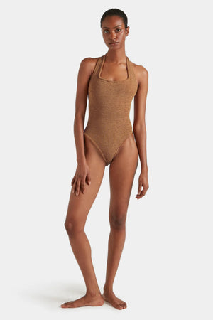 Sandy Swim Metallic by Hunza G – a halter one piece with crinkle fabric and stretch fit. Perfect for summer styling.