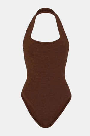 Sandy Swim by Hunza G, shimmering halter swimsuit in metallic crinkle fabric that stretches to flatter every curve.