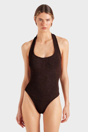 Sandy Swim by Hunza G, shimmering halter swimsuit in metallic crinkle fabric that stretches to flatter every curve.
