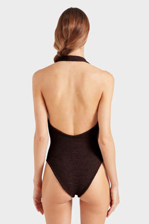 Sandy Swim by Hunza G, shimmering halter swimsuit in metallic crinkle fabric that stretches to flatter every curve.