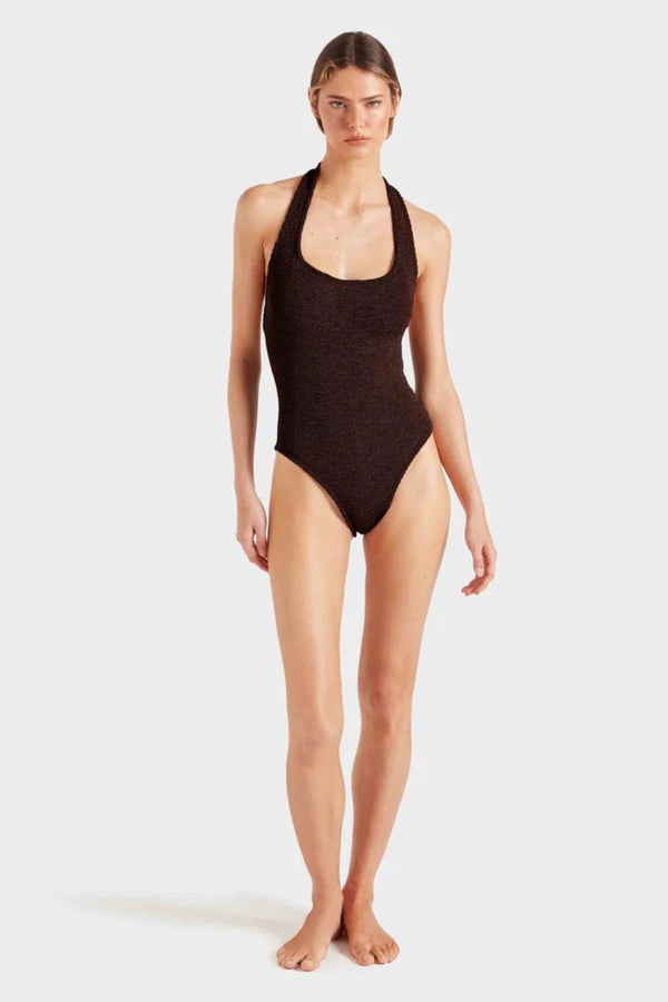 Sandy Swim by Hunza G, shimmering halter swimsuit in metallic crinkle fabric that stretches to flatter every curve.