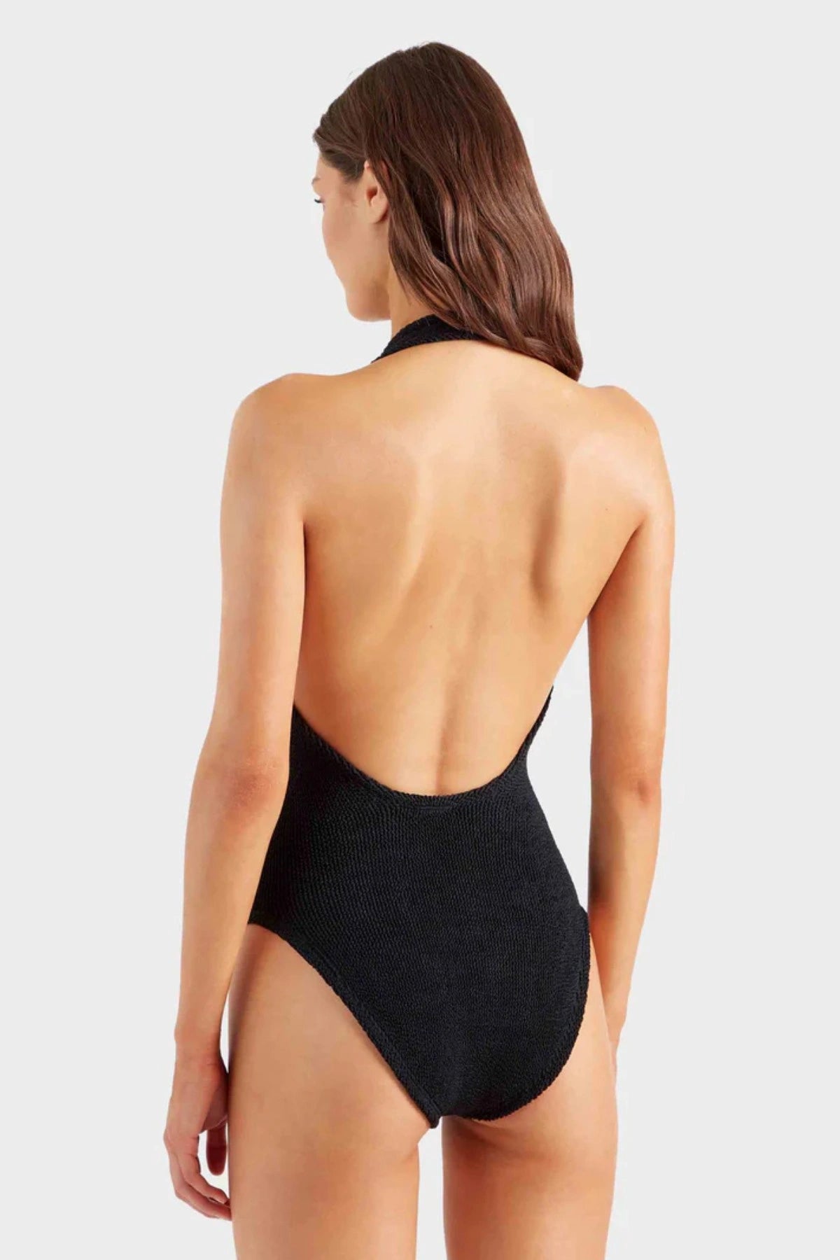 Sandy Swim in Black by Hunza G, retro halter one-piece with sculpting crinkle texture for effortless poolside style.