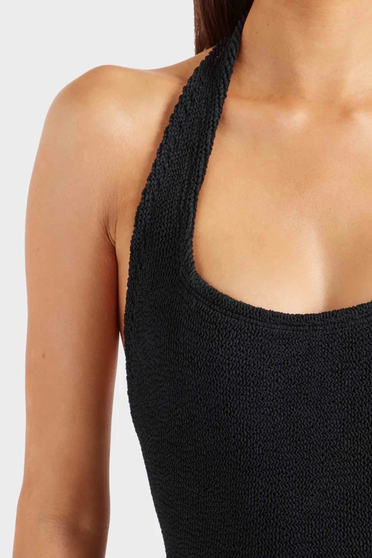 Sandy Swim in Black by Hunza G, retro halter one-piece with sculpting crinkle texture for effortless poolside style.