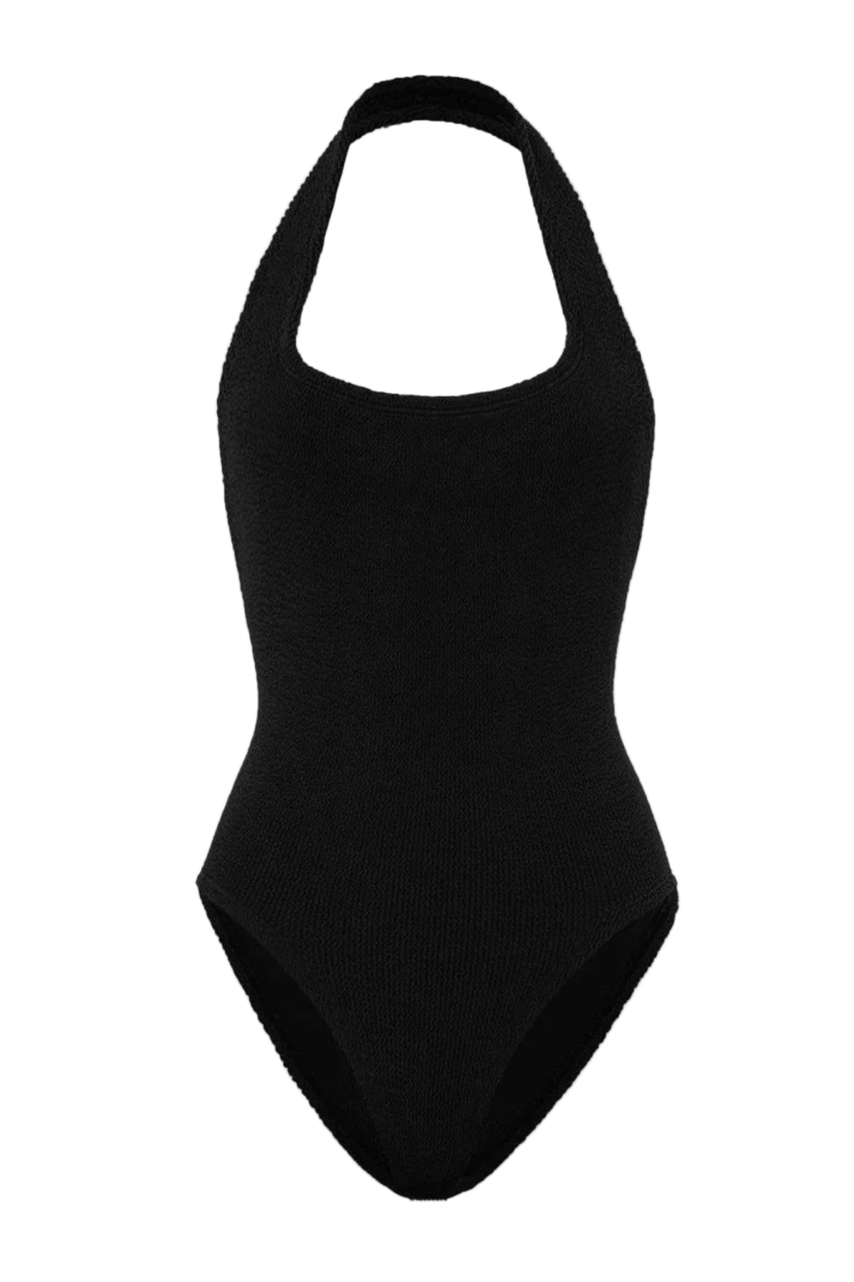 Sandy Swim in Black by Hunza G, retro halter one-piece with sculpting crinkle texture for effortless poolside style.