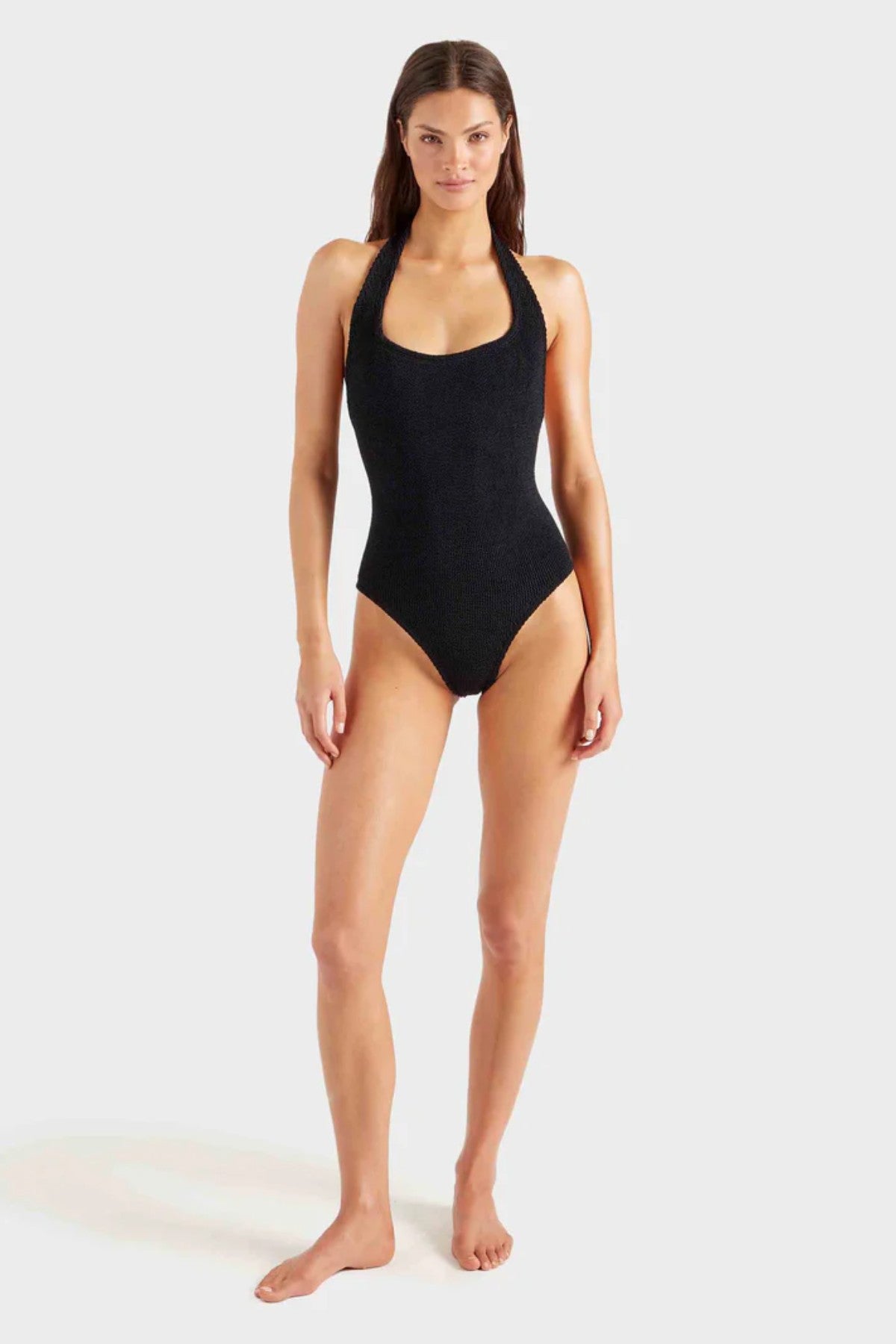 Sandy Swim in Black by Hunza G, retro halter one-piece with sculpting crinkle texture for effortless poolside style.