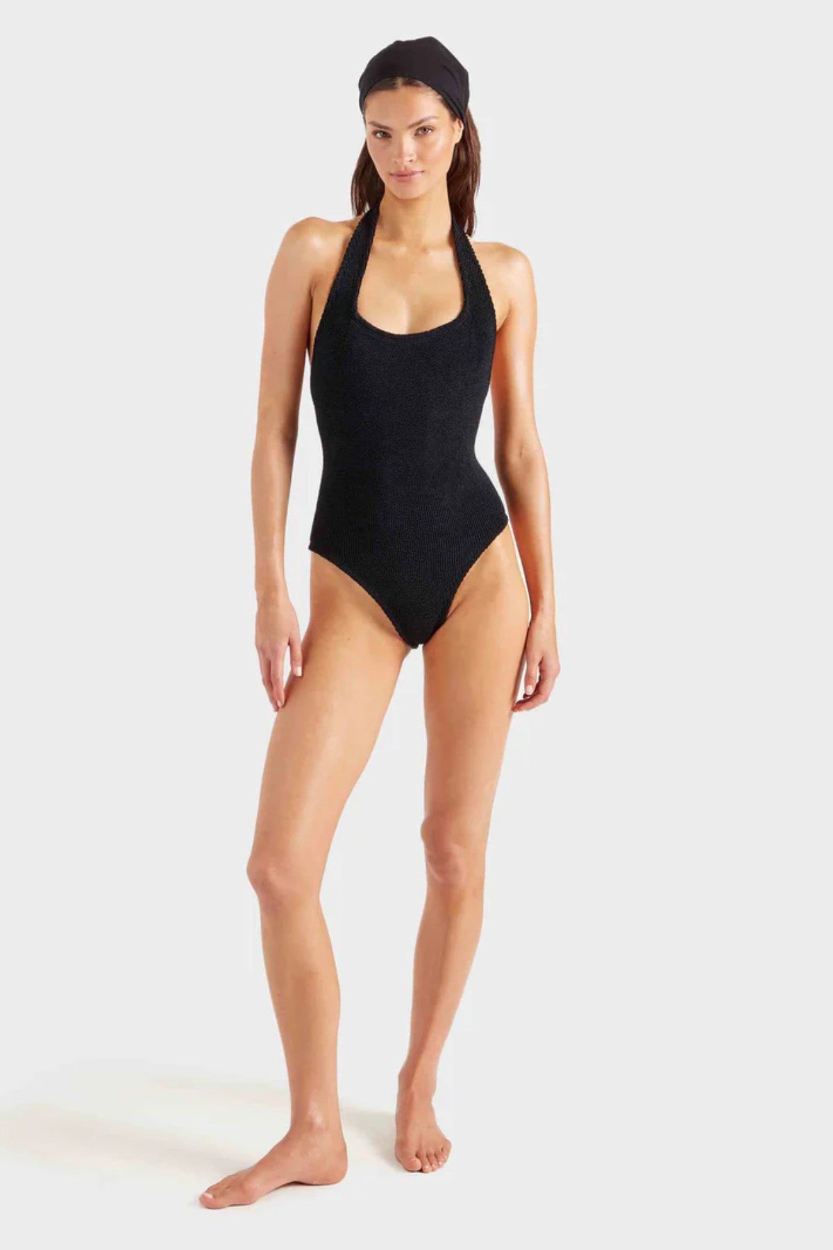 Sandy Swim in Black by Hunza G, retro halter one-piece with sculpting crinkle texture for effortless poolside style.
