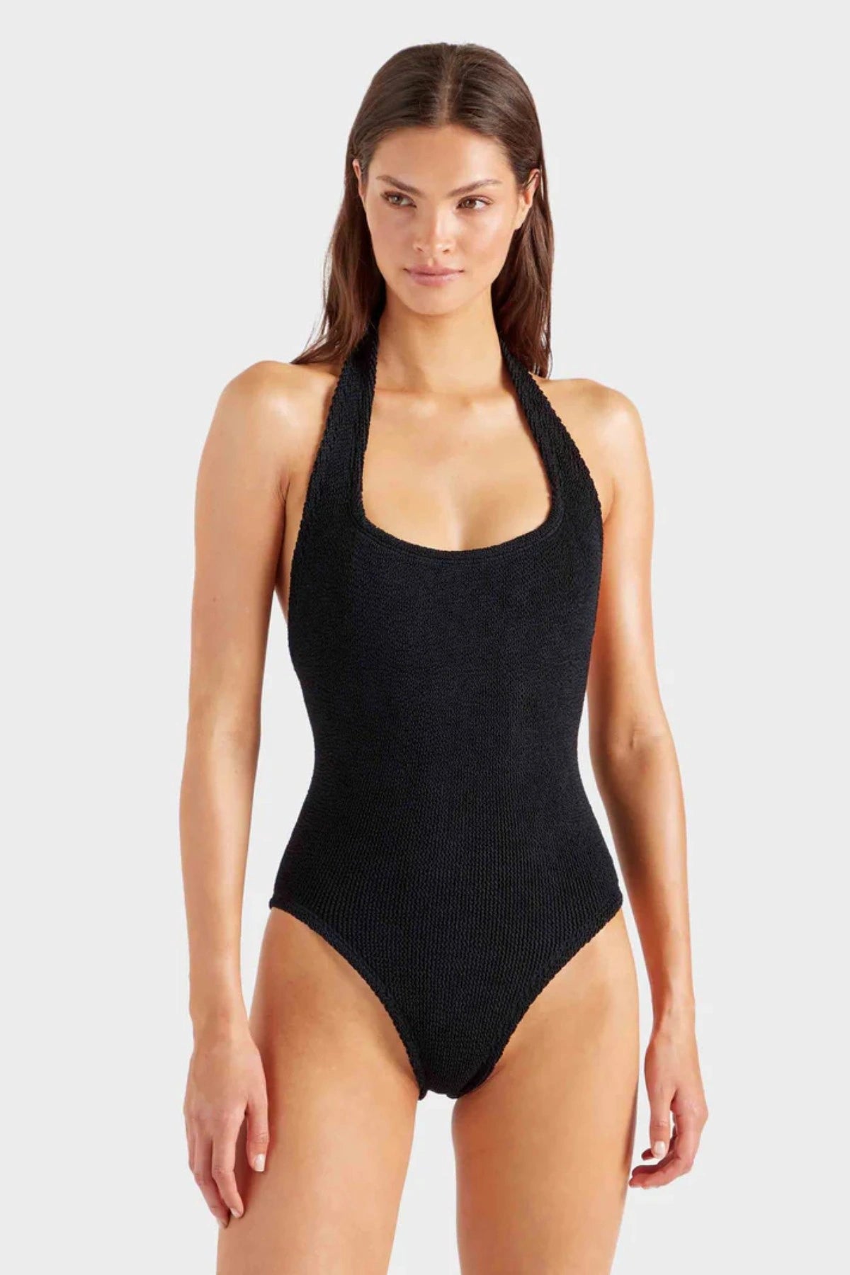 Sandy Swim in Black by Hunza G, retro halter one-piece with sculpting crinkle texture for effortless poolside style.