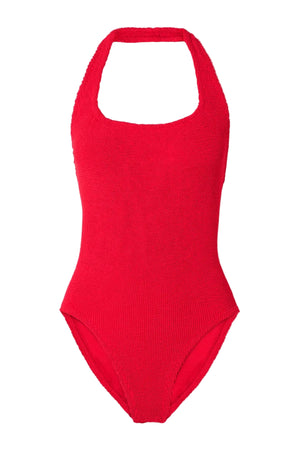 Sandy Swim in Red by Hunza G, halterneck one-piece in sculpting seersucker crinkle fabric. Timeless, flattering, and vacation-ready.