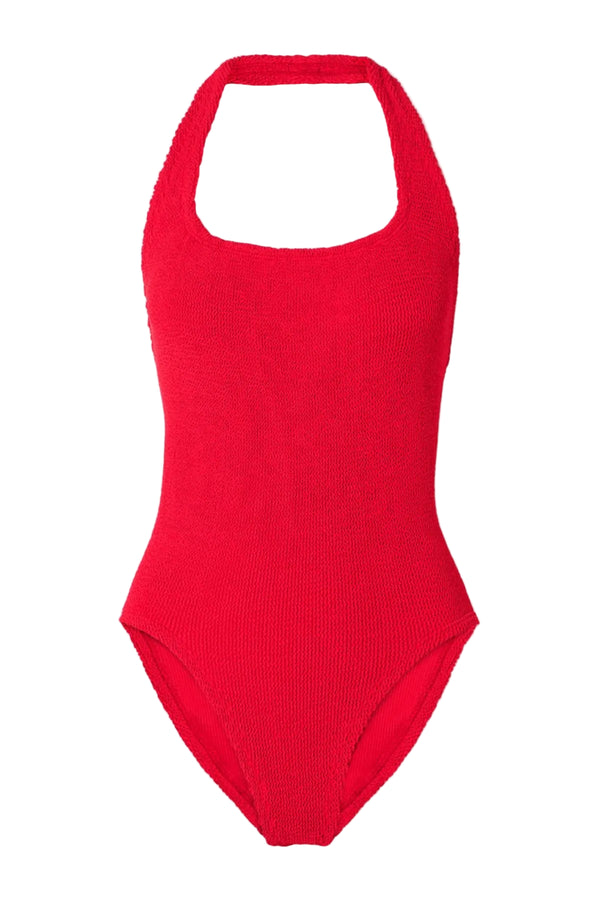 Sandy Swim in Red by Hunza G, halterneck one-piece in sculpting seersucker crinkle fabric. Timeless, flattering, and vacation-ready.