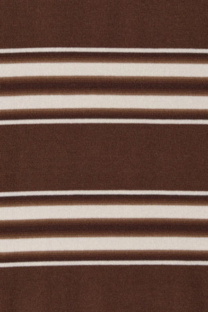 Santiago Polo Dress in Ombre Stripe Macro Carob by Faithfull the Brand, a relaxed knit midi with collar neckline, side splits, and chocolate stripe finish.