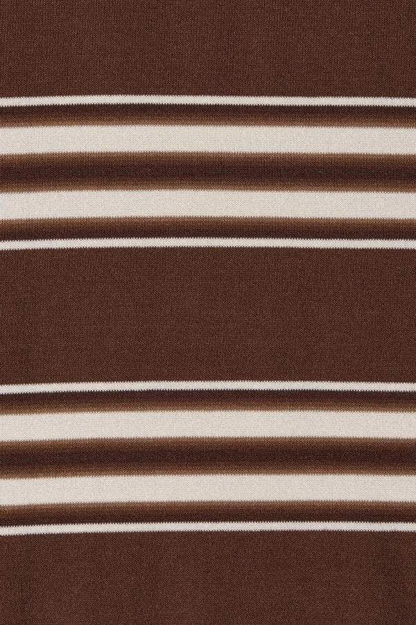 Santiago Polo Dress in Ombre Stripe Macro Carob by Faithfull the Brand, a relaxed knit midi with collar neckline, side splits, and chocolate stripe finish.