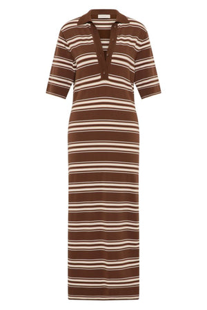 Santiago Polo Dress in Ombre Stripe Macro Carob by Faithfull the Brand, a relaxed knit midi with collar neckline, side splits, and chocolate stripe finish.