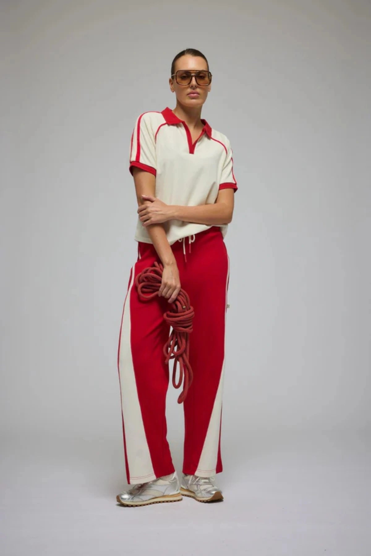 Santo Trackpant in Cherry Pie by Araminta James, wide-leg trackpant in luxe sports sheen with contrast trims, elastic waistband, and side pockets for relaxed, elevated styling.
