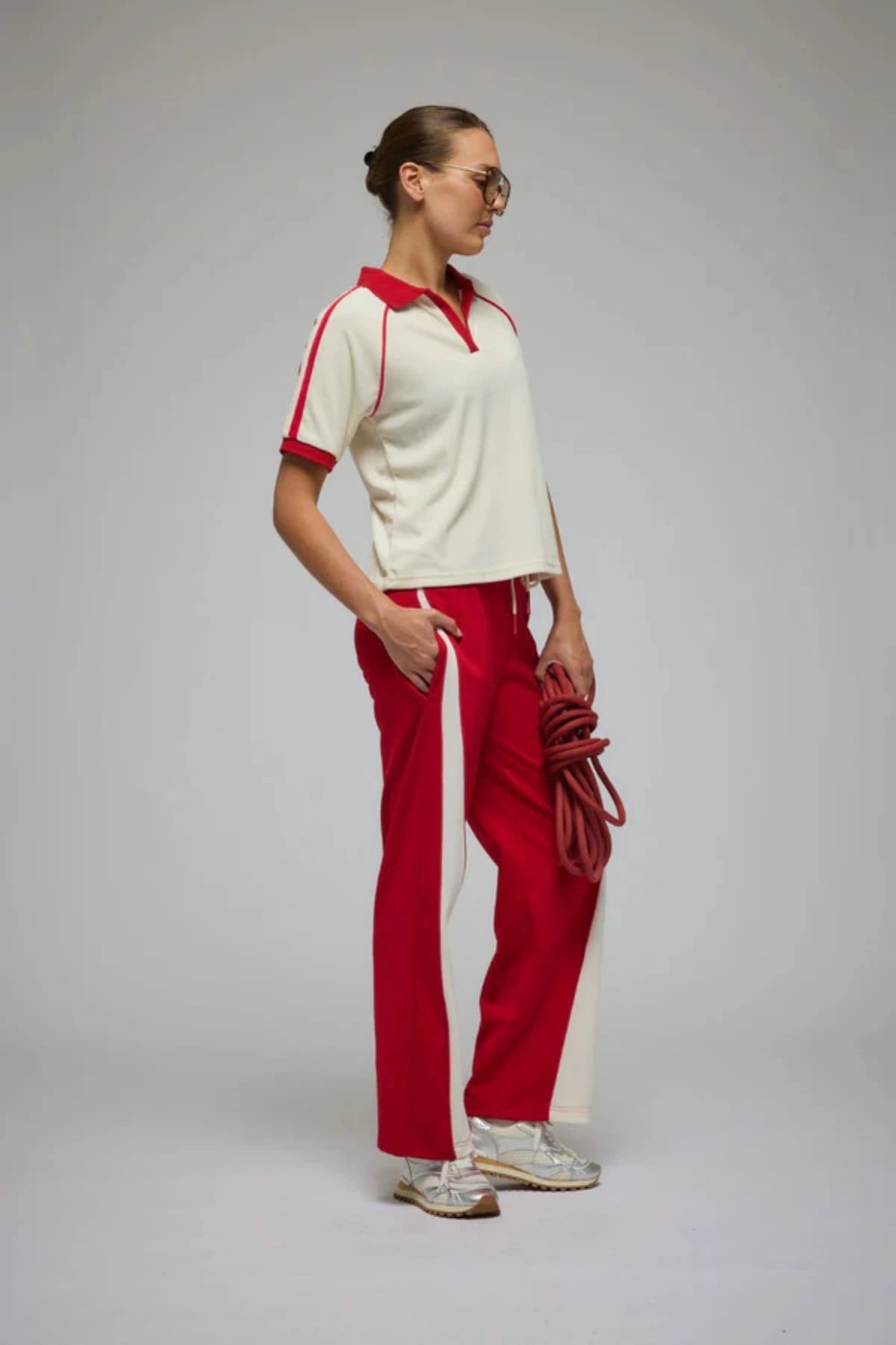 Santo Trackpant in Cherry Pie by Araminta James, wide-leg trackpant in luxe sports sheen with contrast trims, elastic waistband, and side pockets for relaxed, elevated styling.