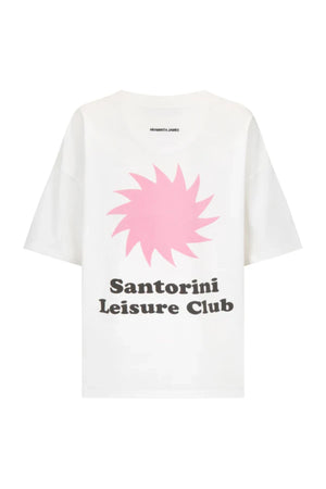 Santorini Oversized Tee in Warm White by Araminta James, relaxed cotton tee with crew neckline and graphic print, perfect for effortless everyday styling with wide-leg pants.