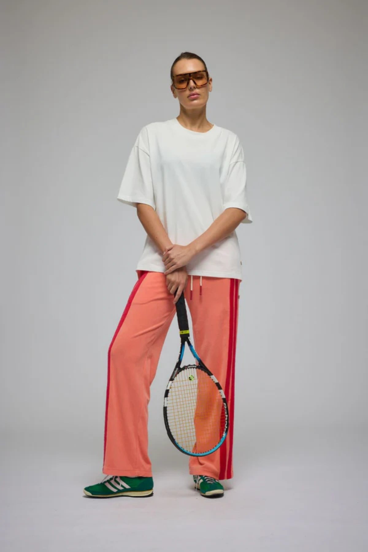 Santorini Oversized Tee in Warm White by Araminta James, relaxed cotton tee with crew neckline and graphic print, perfect for effortless everyday styling with wide-leg pants.