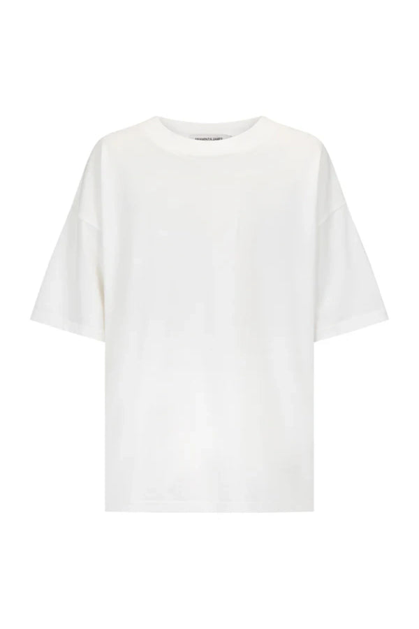 Santorini Oversized Tee in Warm White by Araminta James, relaxed cotton tee with crew neckline and graphic print, perfect for effortless everyday styling with wide-leg pants.