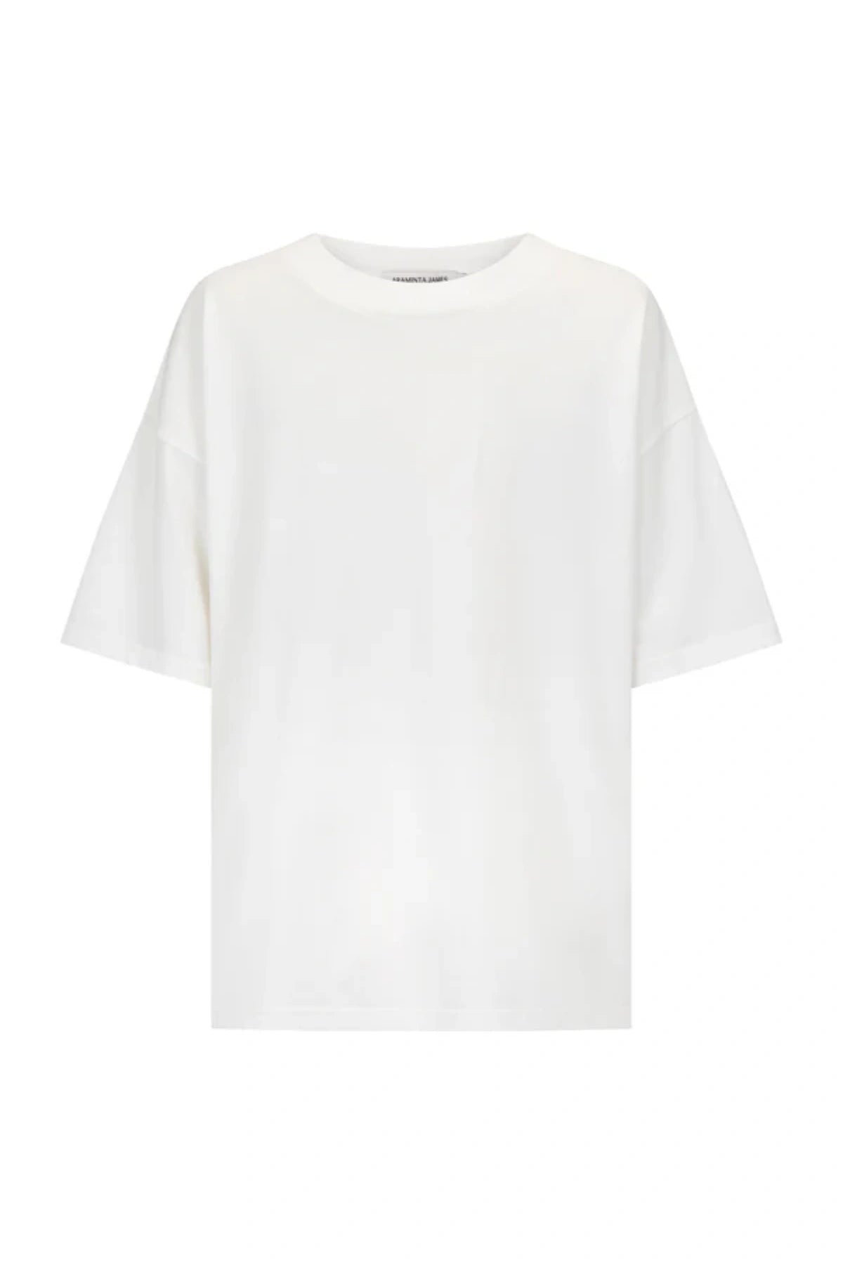 Santorini Oversized Tee in Warm White by Araminta James, relaxed cotton tee with crew neckline and graphic print, perfect for effortless everyday styling with wide-leg pants.