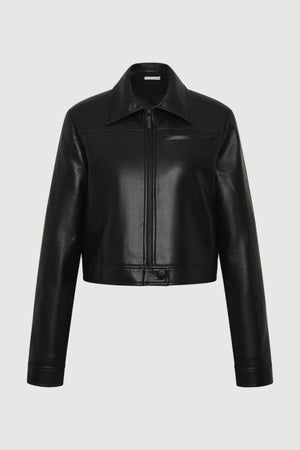 Saphira Cropped Jacket Black by Bec + Bridge – slim fit cropped faux leather jacket with matte black hardware.