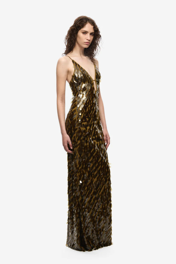 Sapphire Sequin Maxi Dress Plantation by Misha - plunging sequin maxi dress with spaghetti straps and body-con silhouette, perfect for statement evenings.