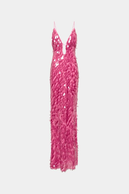 Sapphire Sequin Maxi Dress by Misha, a fuchsia pink gown with plunging cut-out neckline, low back, and voluminous hem. Perfect for events.
