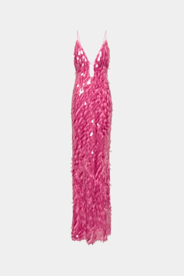 Sapphire Sequin Maxi Dress by Misha, a fuchsia pink gown with plunging cut-out neckline, low back, and voluminous hem. Perfect for events.
